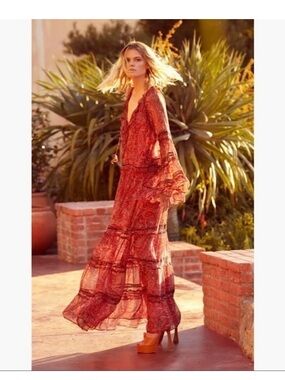 NWT $630 MISA Los Angeles Genevieve Dress in Bohemian Paisley w Bell Sleeves